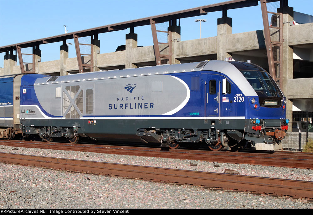 Caltrans SC44 CDTX #2120 pushes Amtrak train 763 toward LA.